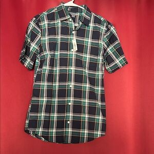 Men's Plaid Shirt - Navy Blue and Green